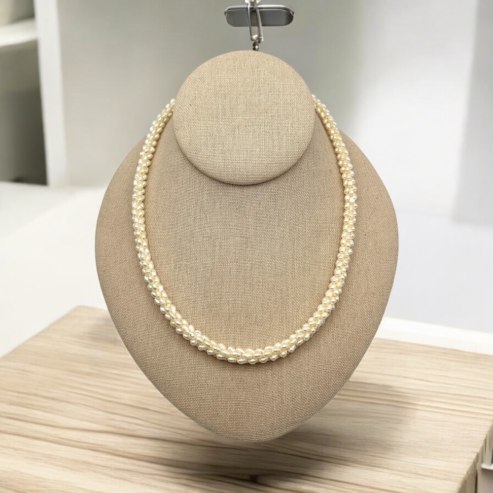 Beautiful Vintage Twisted Genuine Rice Pearl Necklace 925 Sterling Silver Clasp